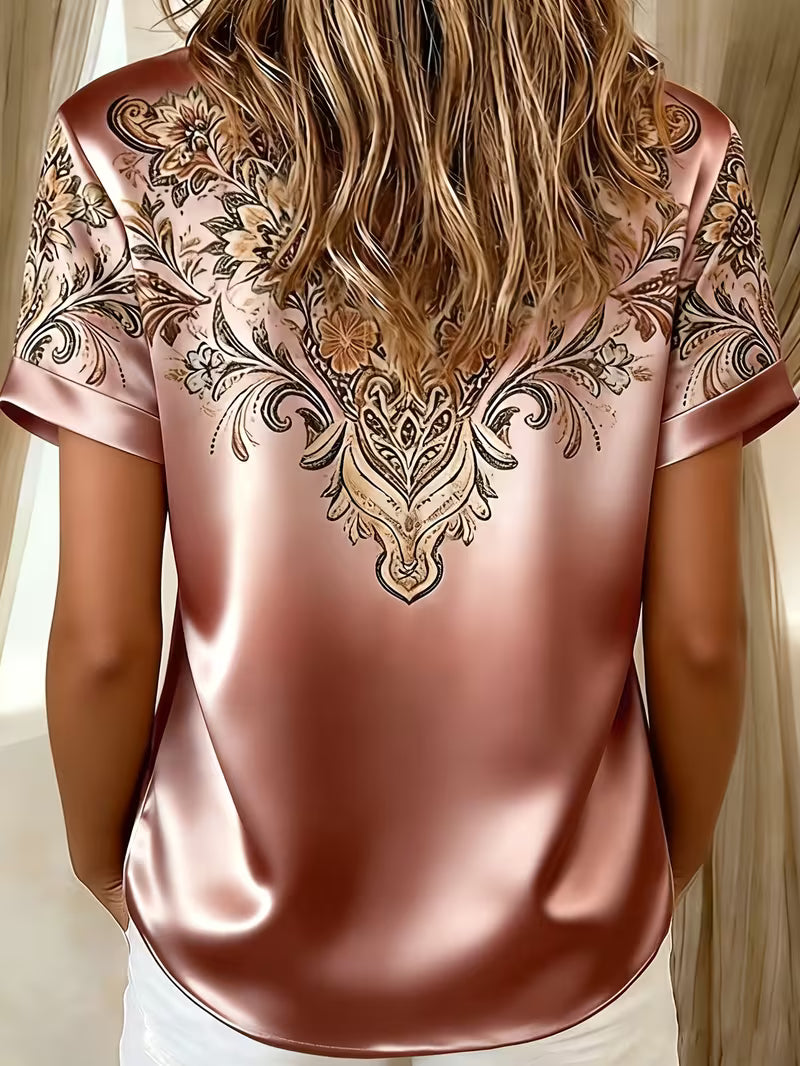 Blouse Femme Satinée Imprimé Floral Col Chemise Élégant