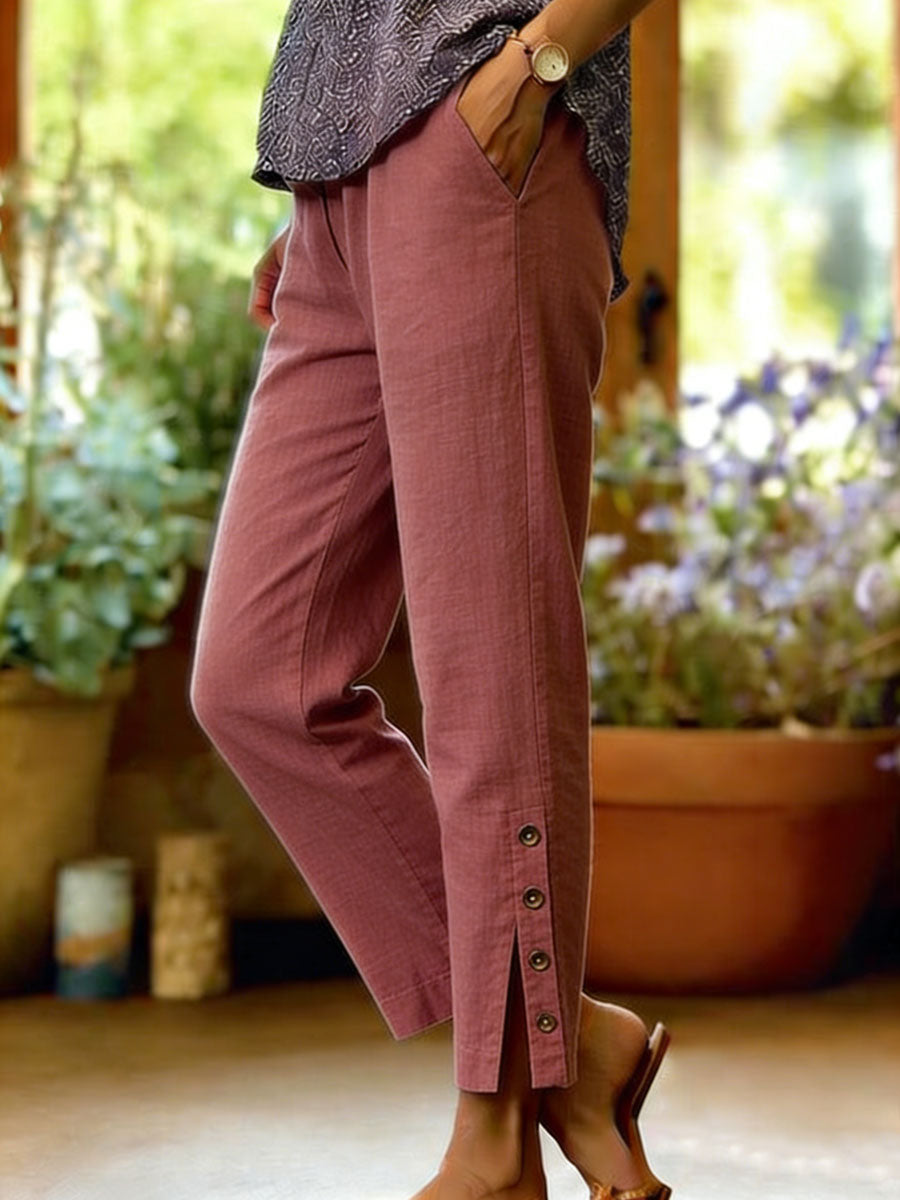 Pantalon Femme Coton Lin Coupe Décontractée Fente Boutonnée