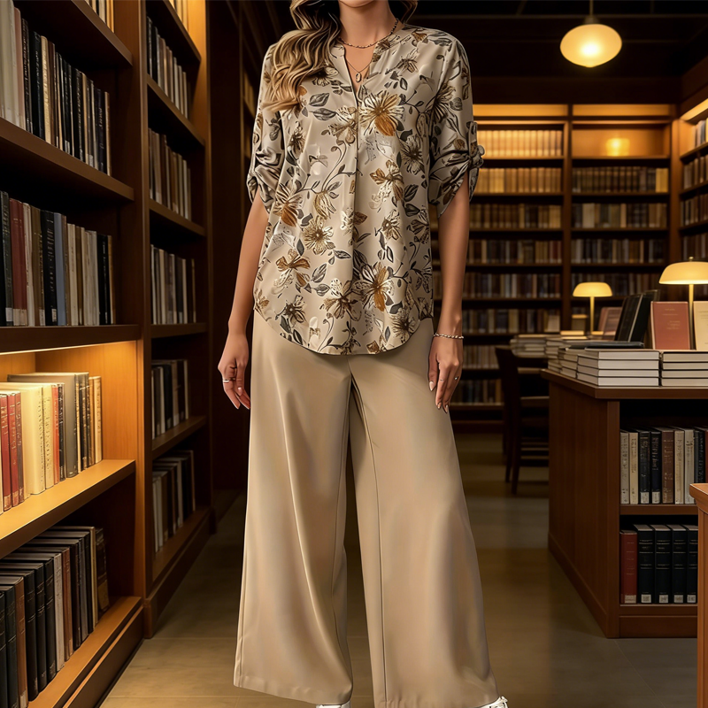 Ensemble Femme Blouse Fluide Imprimé et Pantalon Large Coupe Ample