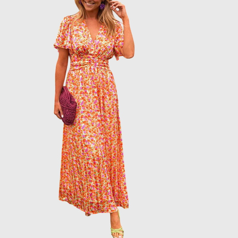 Robe Femme Longue Fleurs Manches Courtes