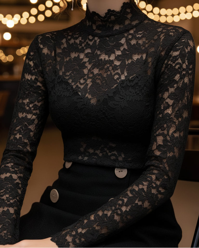Blouse Femme en Dentelle pour Printemps avec Col Montant
