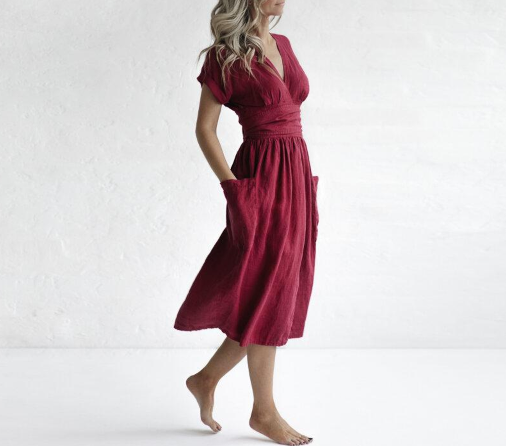 Robe Été en Lin pour Femme - Modèle Décontracté aux Manches Courtes