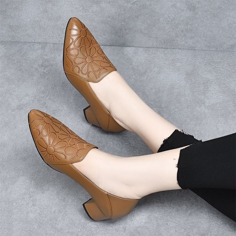 Escarpins Femme Cuir Véritable Brodé Talon Confortable