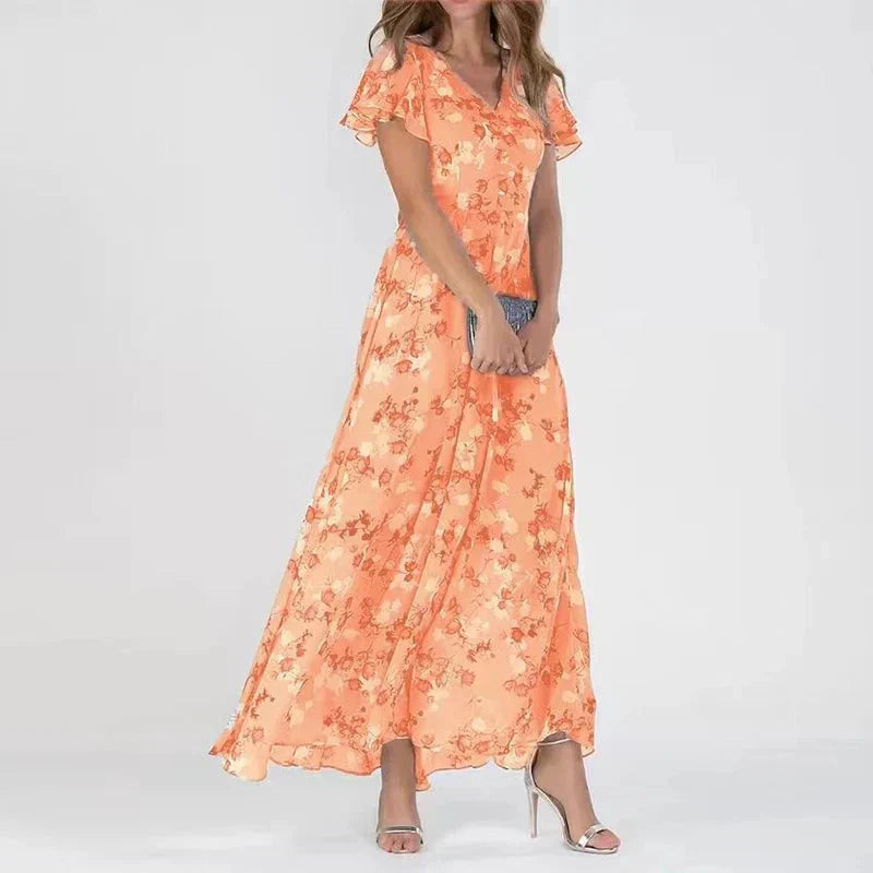 Robe maxi fleuri femme rose en chiffon, décolleté V et manches bouffantes