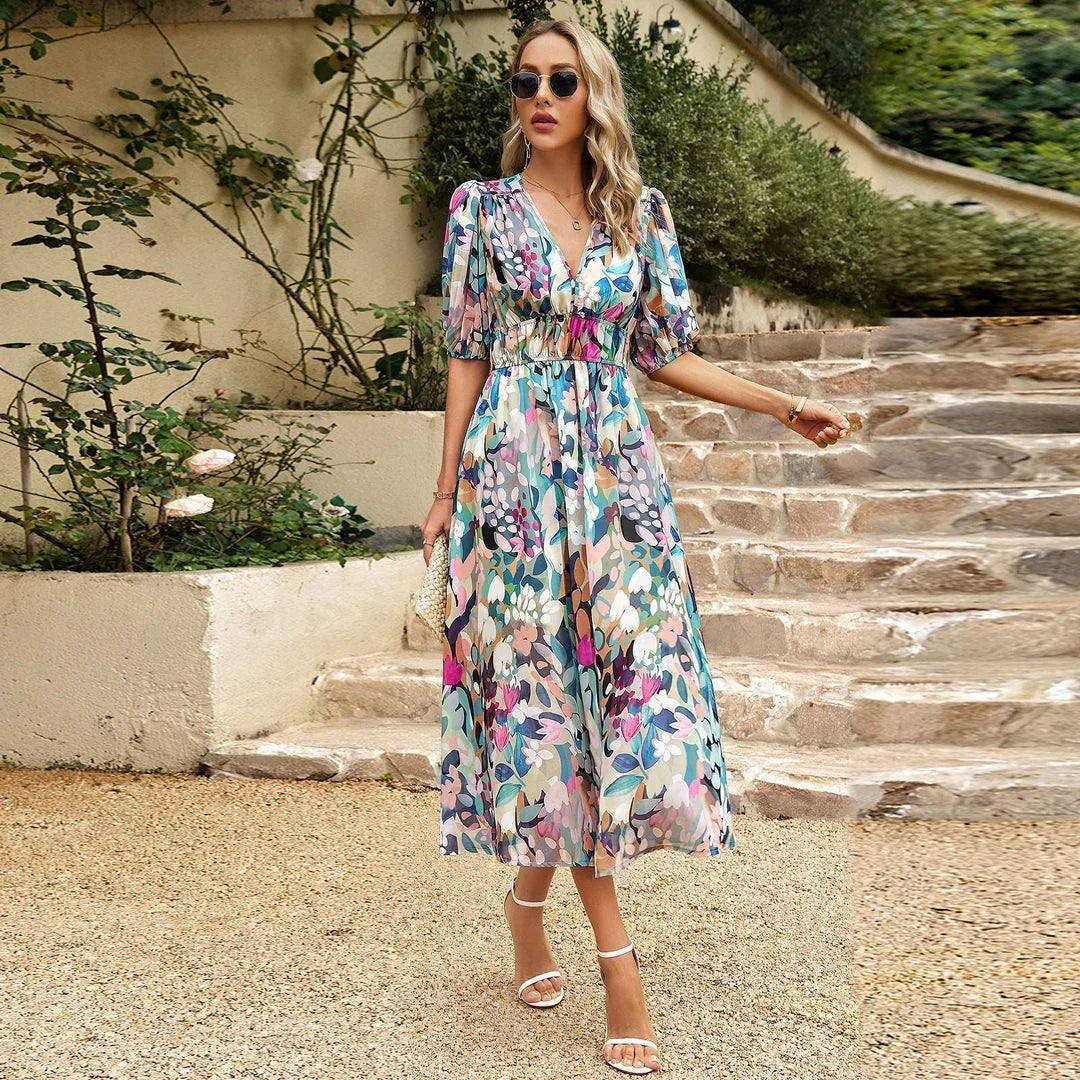 Robe Midi Imprimée Fleurs Vert Bleu, Col V et Manches Bouffantes