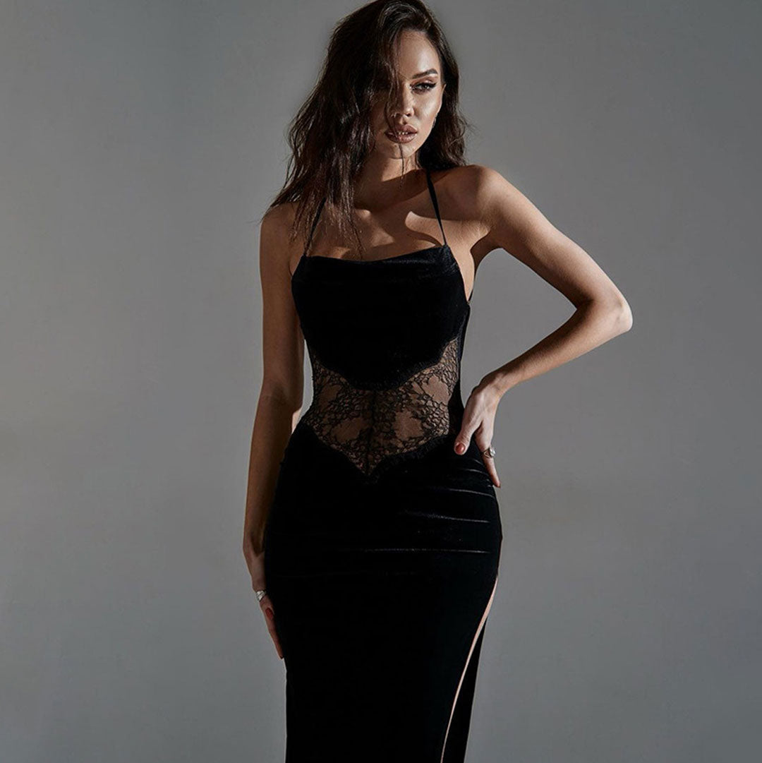 VeraElegance™ – Robe Longue Femme Dos Nu en Velours et Dentelle Élégante-2