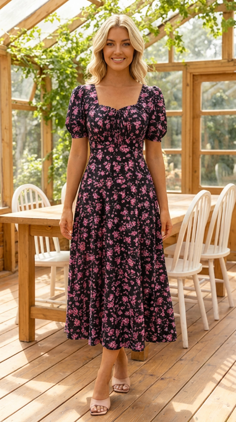 Robe midi Femme Imprimé Floral Manches Bouffantes