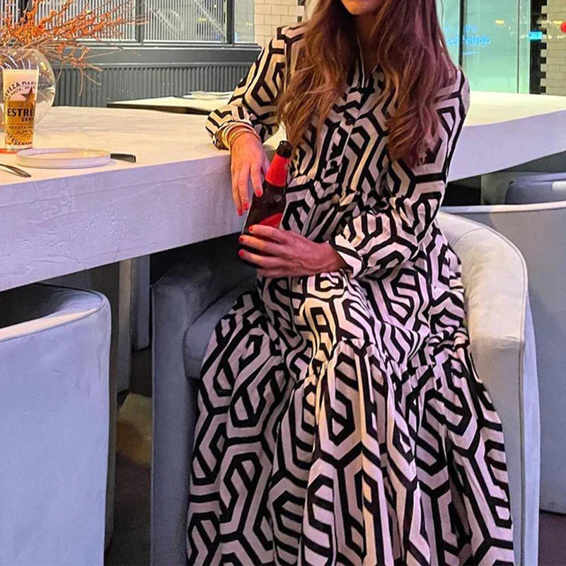 Variant image for Viélia™ – Robe Longue Femme Élégante à Manches Longues Design Géométrique-2