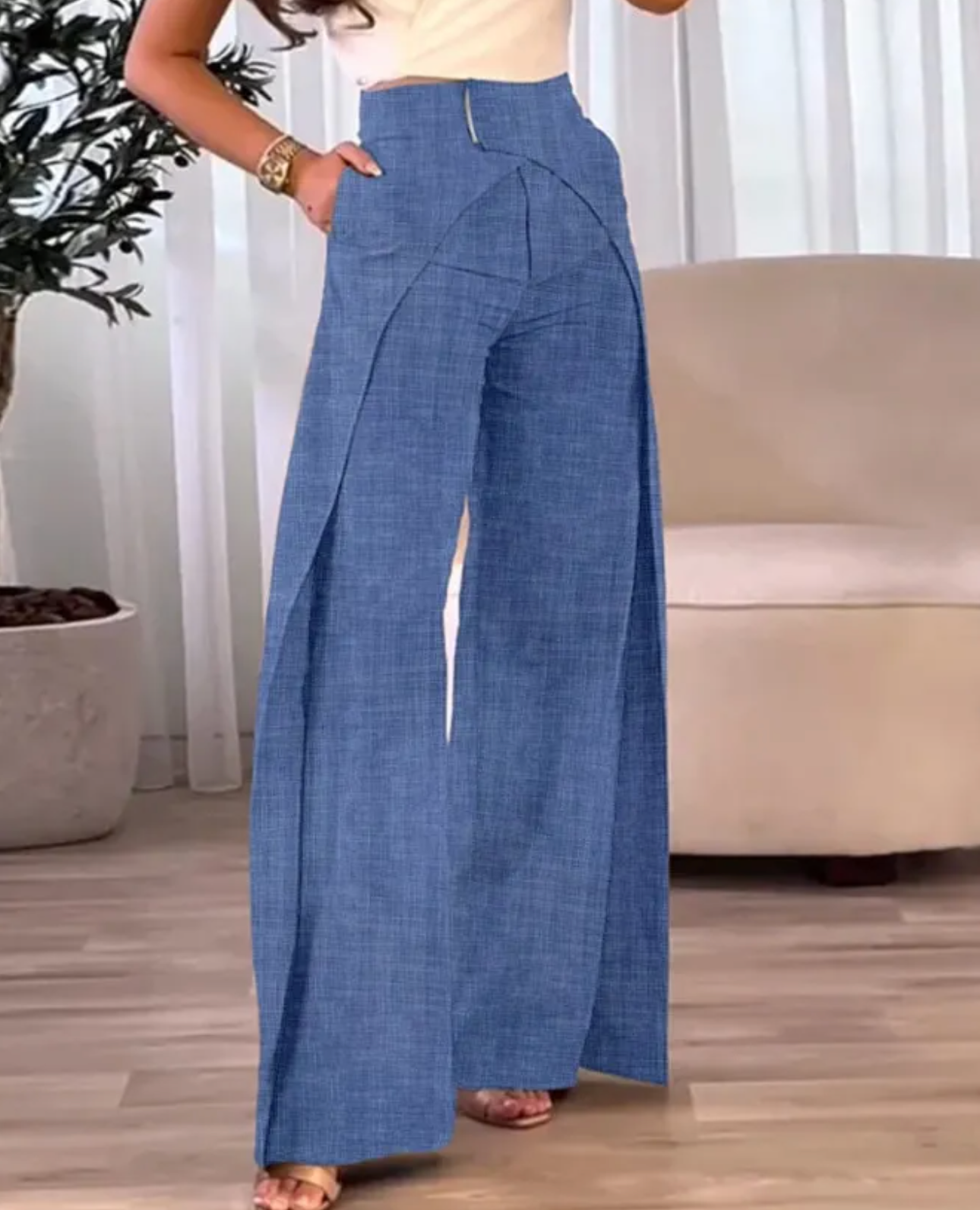 Pantalon Femme Taille Haute Fluide Coupe Droite avec Fente