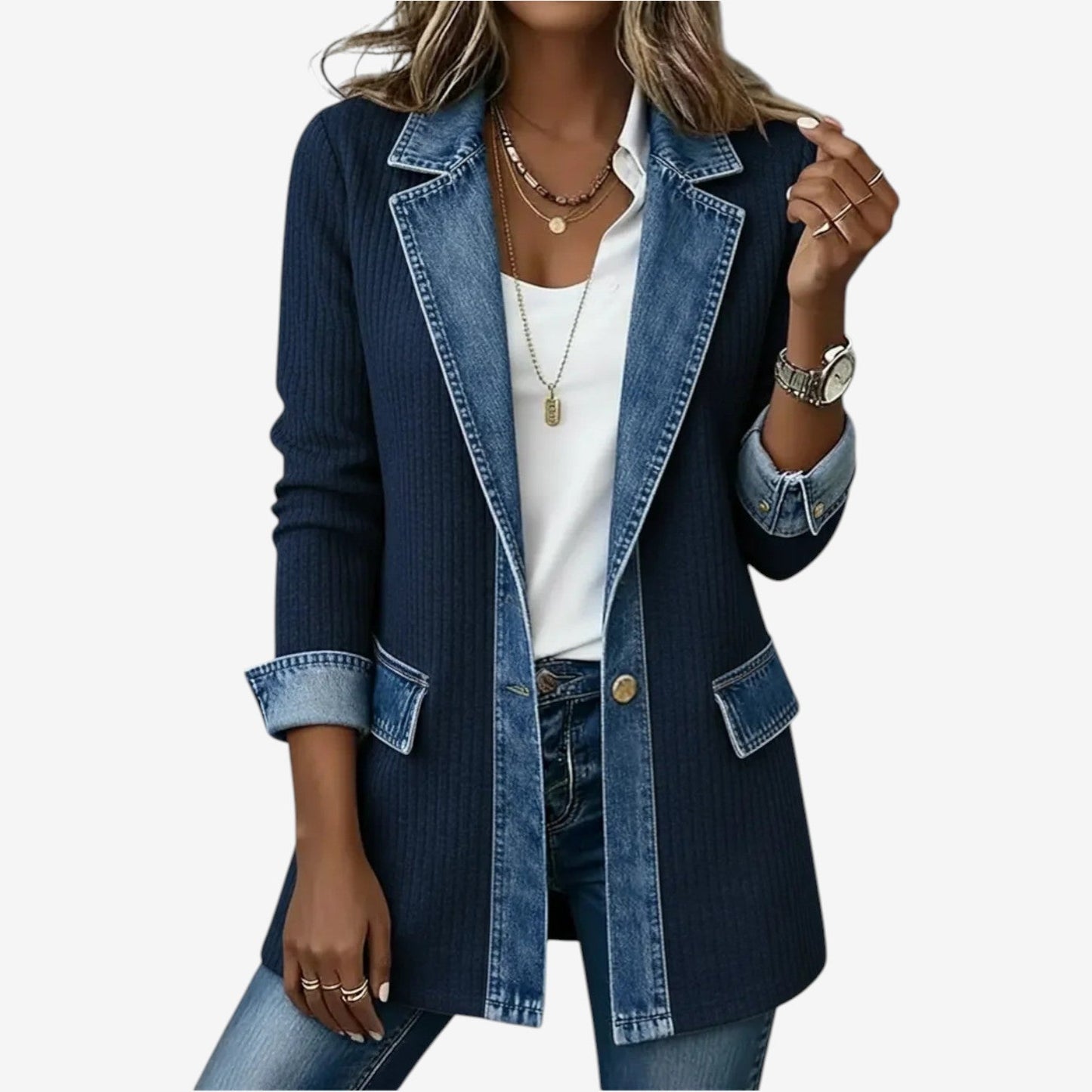 Veste Femme Maille et Denim Effet Superposé Coupe Moderne