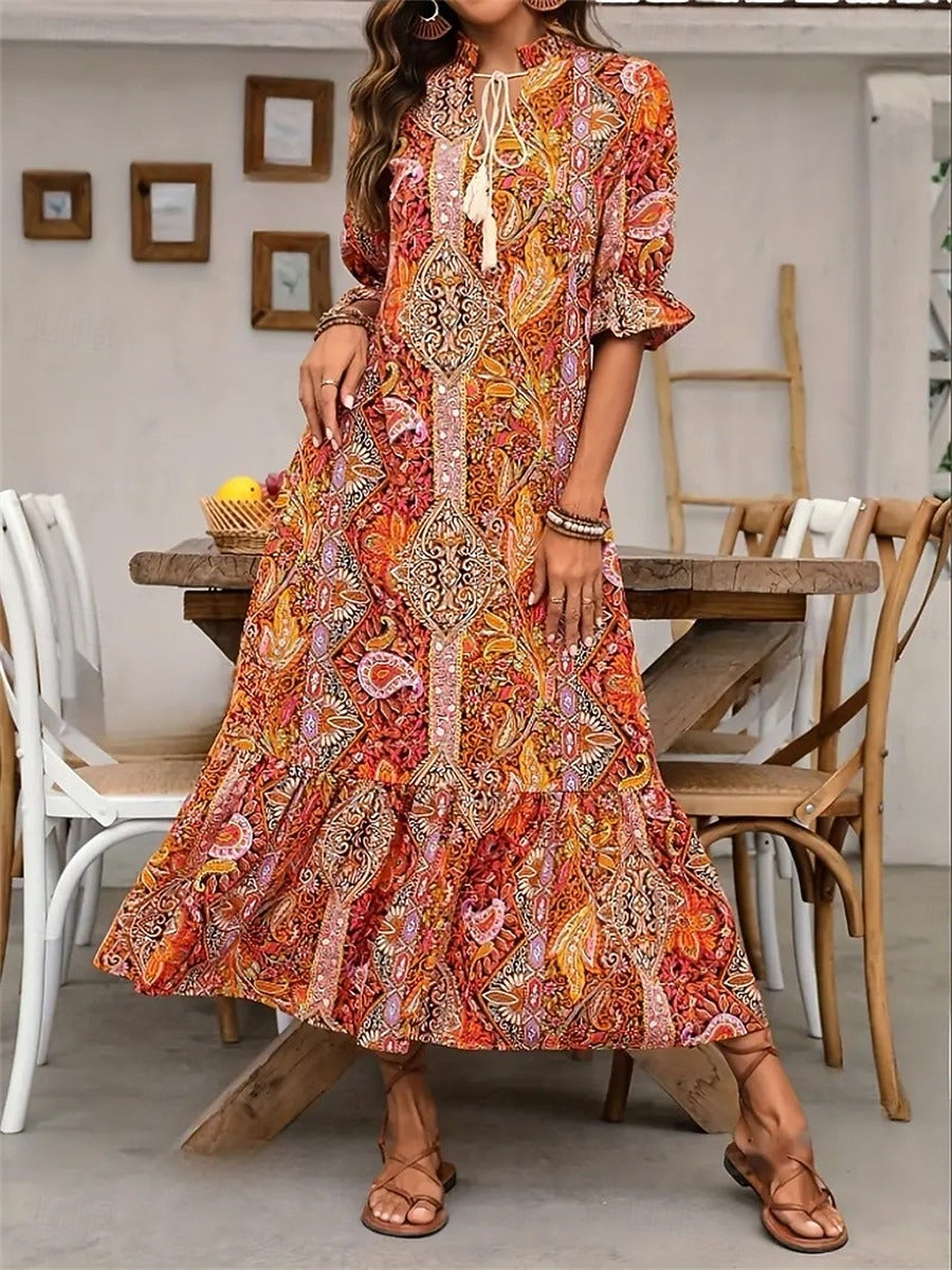 Robe Bohème Femme Imprimé Cachemire Col V Pompons