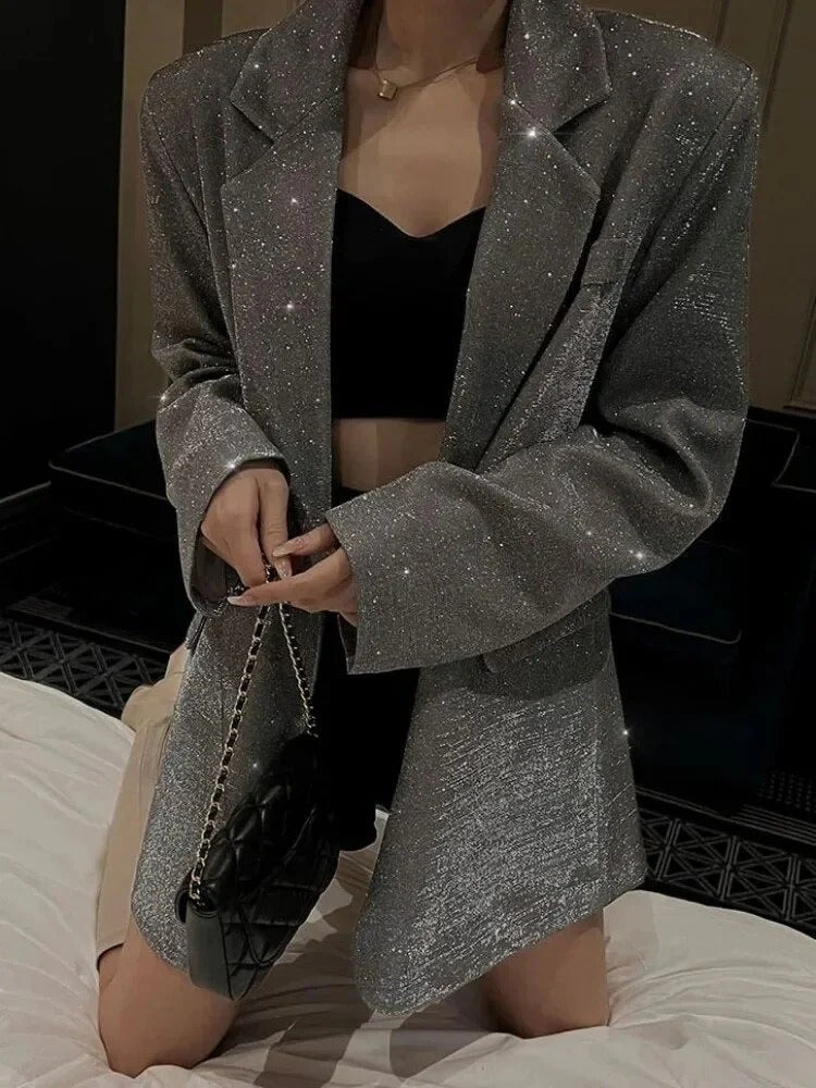 Blazer Femme Long Élégant Noir pour Soirée de Gala