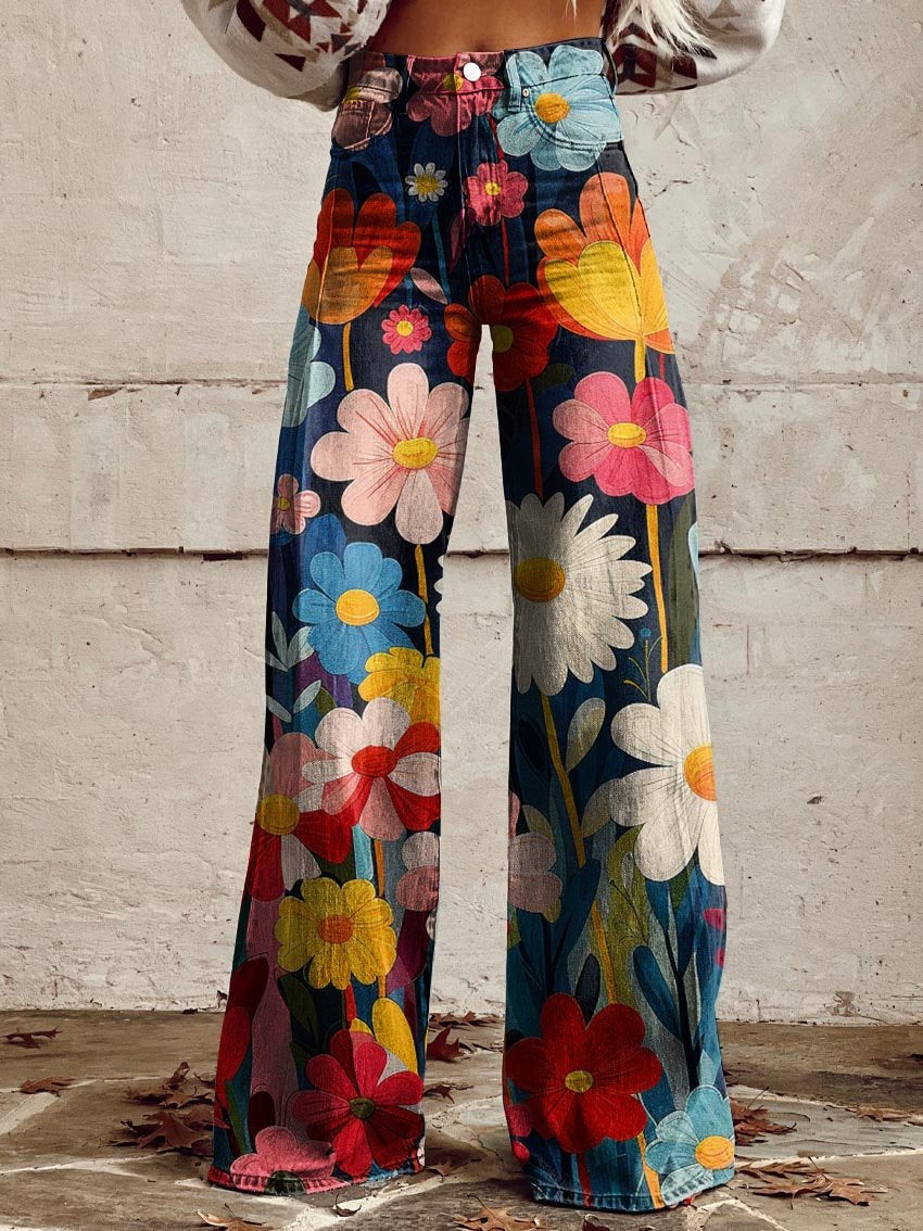 Pantalon femme fleuri haut de jambe confortable - PanierRoyale