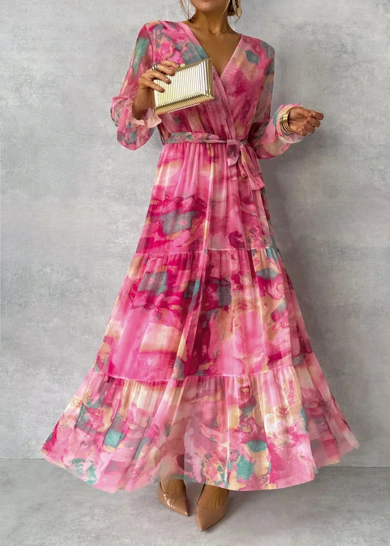 Robe Longue Chic avec Manches Longues et Fleurs Roses - PanierRoyale