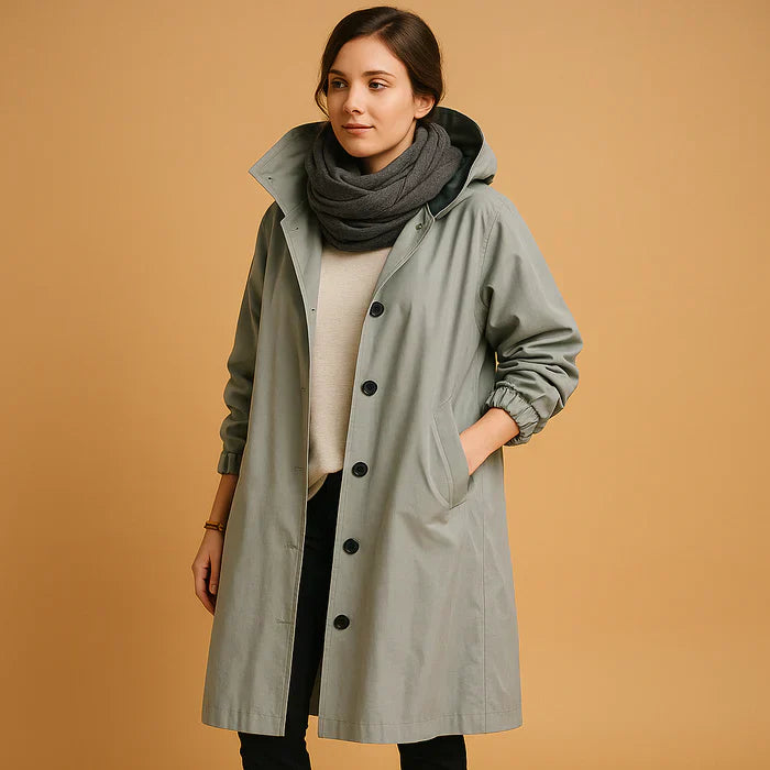Veste Imperméable Féminine Longue avec Capuche et Fermeture Éclair