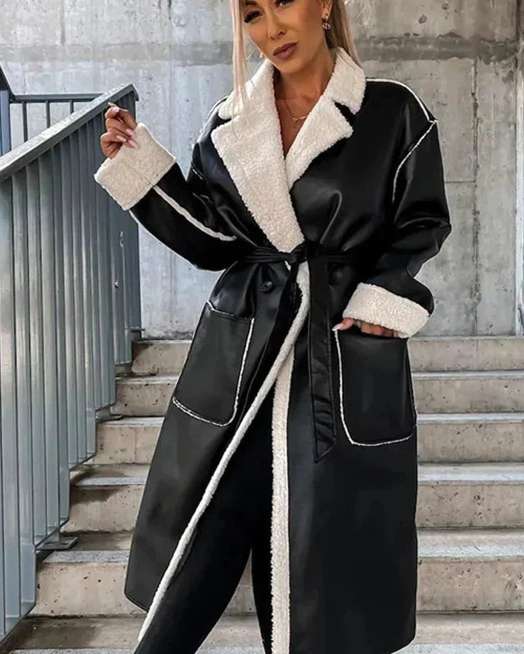 Manteau Cuir Femme Long Manche Élégant - PanierRoyale