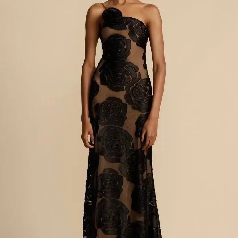 Robe de Cocktail Noire à Fleurs Élégante - PanierRoyale