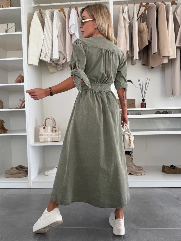 Robe Midi Femme en Jean Boutonnée Col V Manches Longues