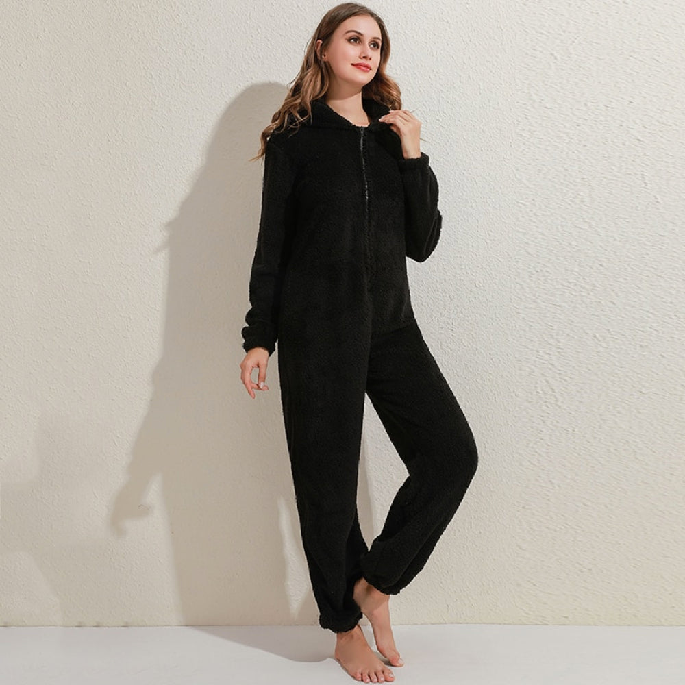 Combinaison Fleece Femme Confortable avec Capuche et Fermeture Éclair
