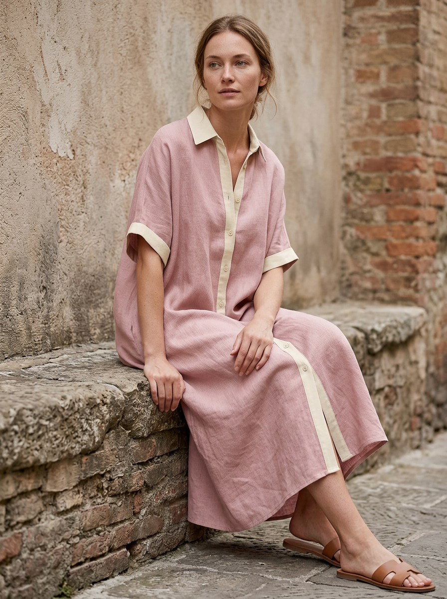 Robe chemise Femme Boutons Contraste Coupe Midi