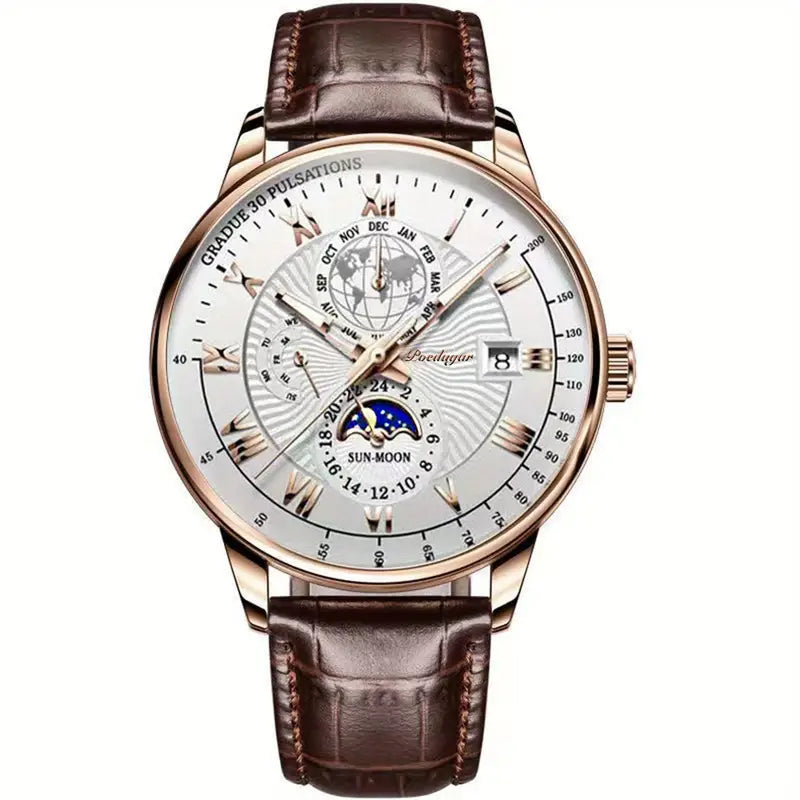 Montre Homme Classique Cuir Noir Chrono Lunaire