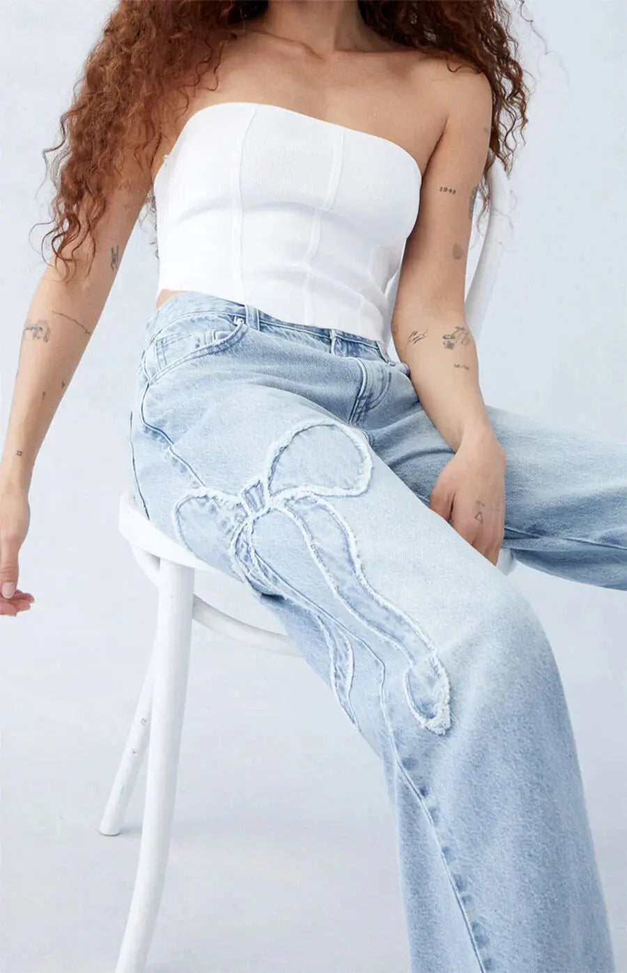 Jean Large Taille Décontracté avec Patches Cœur