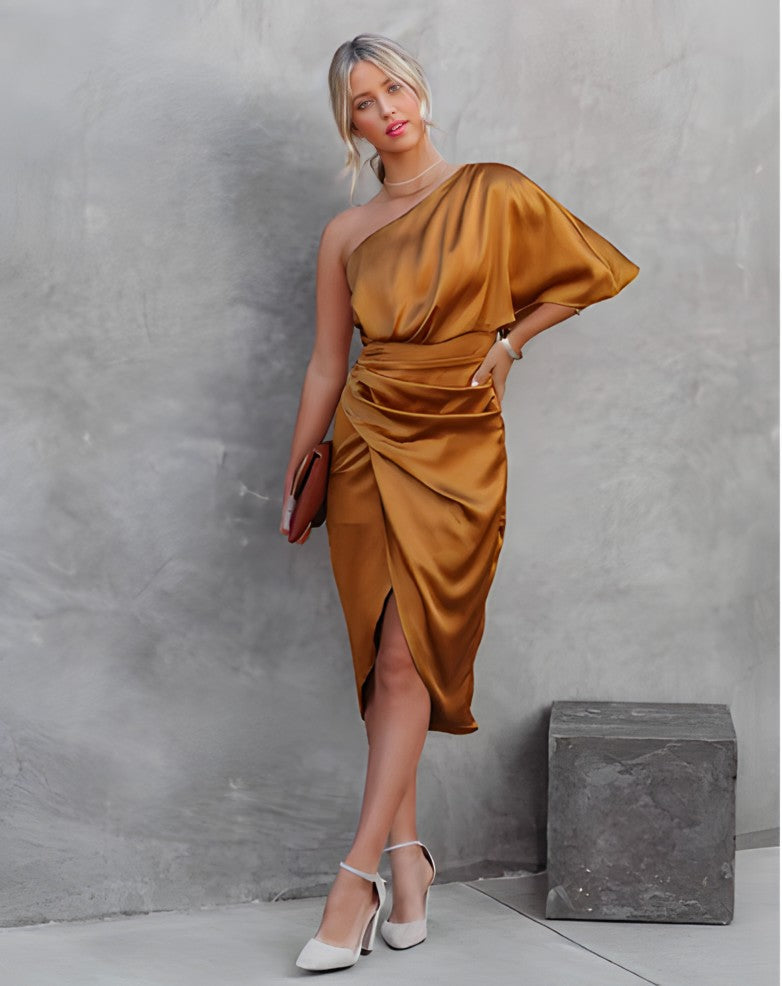 Variant image for SatinElegance™ – Robe Midi Femme Chic Drapée à Une Épaule Asymétrique-21