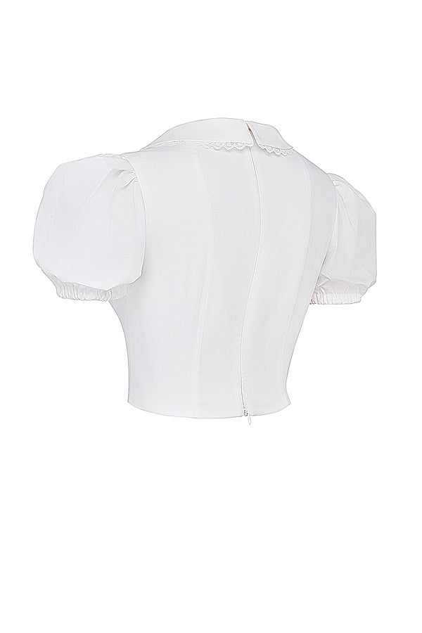 Top Corsage Blanc Élégant à Manches Bouffantes