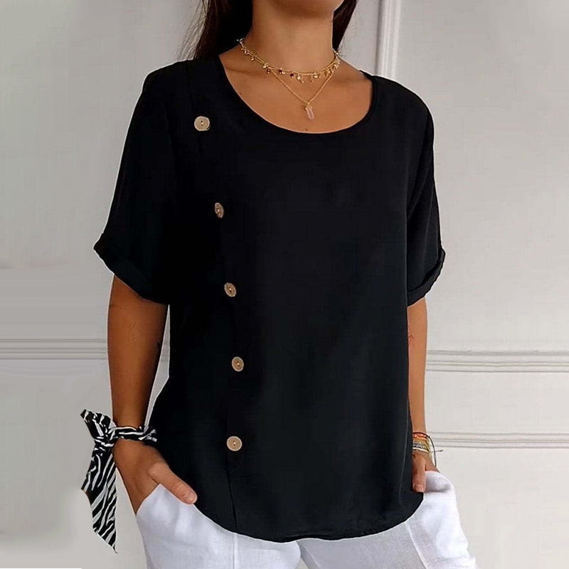 Blouse Femme Lin Col Rond Boutons Latéraux Coupe Ample