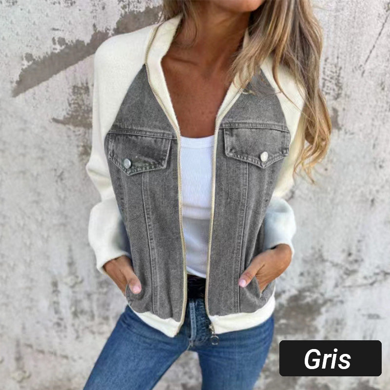 Veste Femme Denim Zippée Patchwork Confortable Style Casual