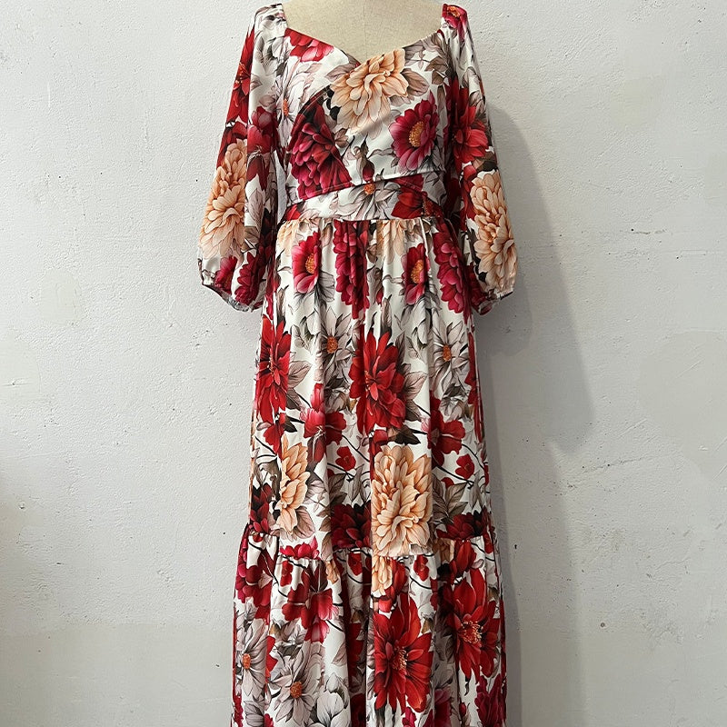 Robe Longue Femme Fluide Col en V Imprimé Floral Manches Courtes