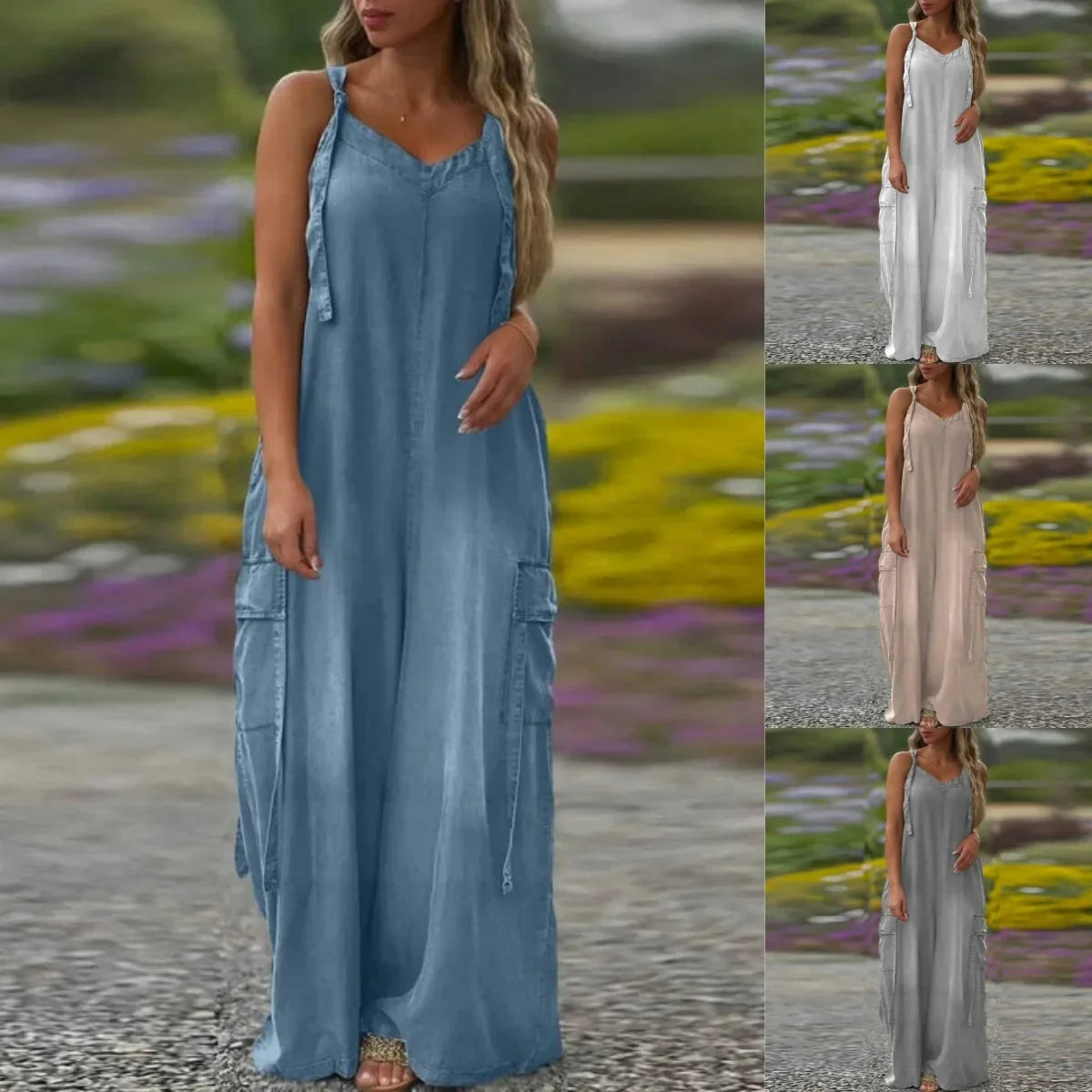 Robe longue Femme Fluide Bretelles Ajustables Poches Cargo