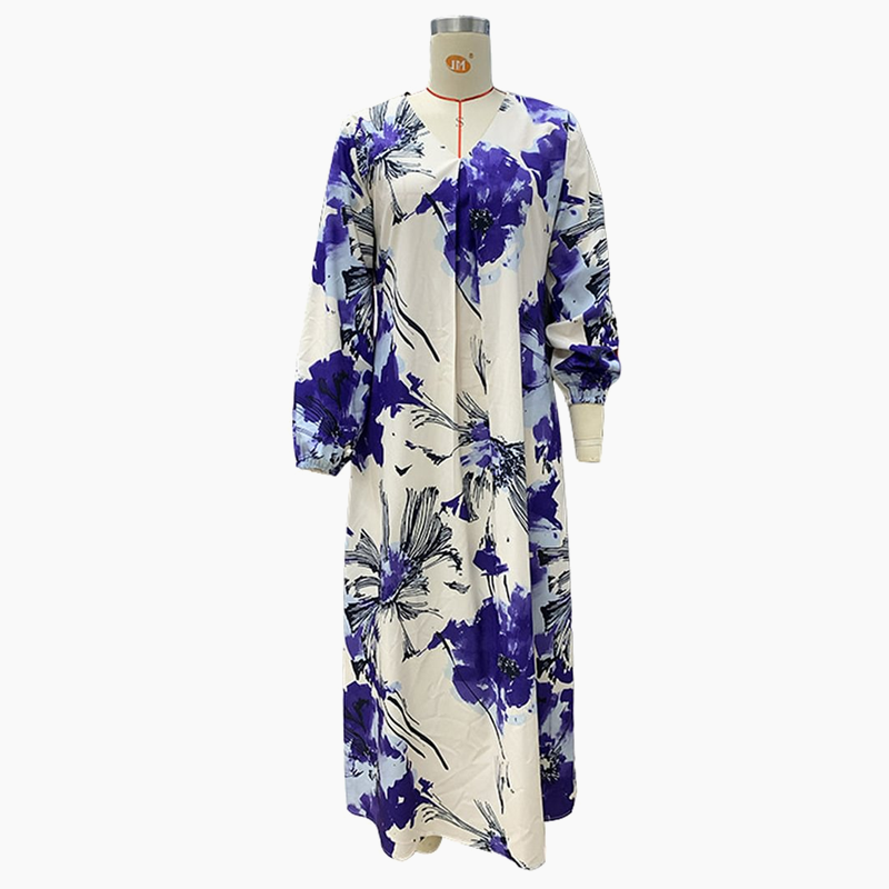 Robe Longue Femme Imprimée Mousseline Col V Fluide