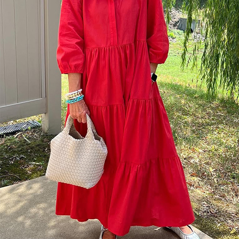 Robe Longue Femme Coupe Ample Col Revers Manches Longues