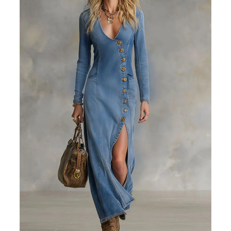 Robe Longue Femme Ajustée Col en V Boutonnée Fente