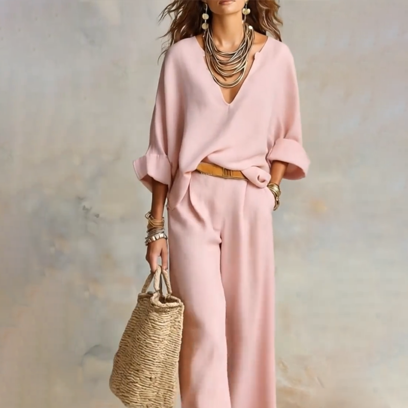Ensemble Femme Effet Lin Pantalon Large Coupe Ample