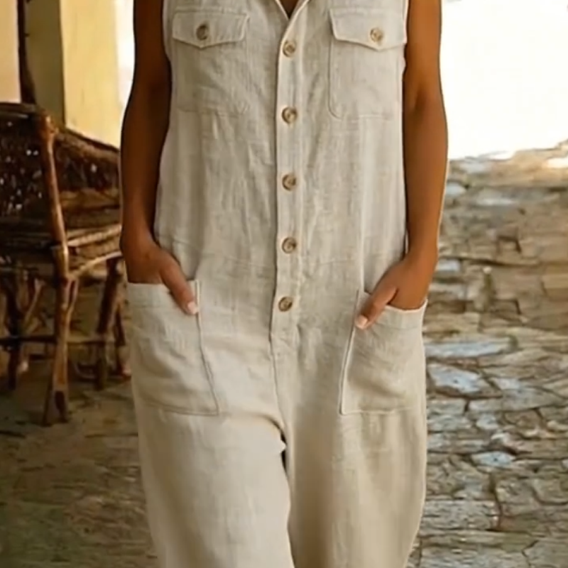 Combinaison Femme Lin Mélangé Sans Manches Boutonnée
