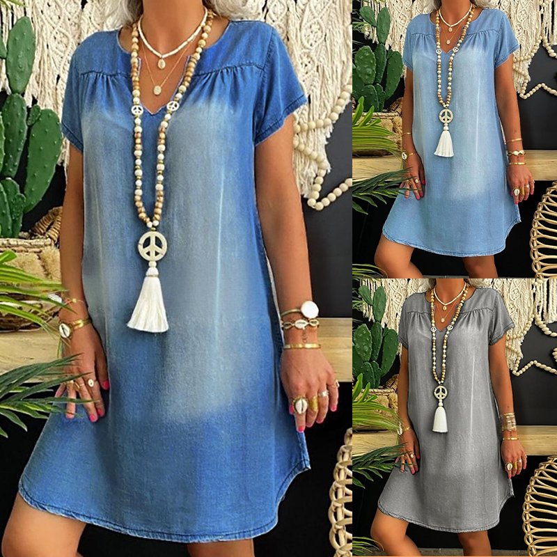 Robe Femme Effet Denim Légère Col en V Silhouette Fluide