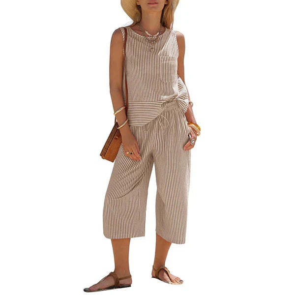 Ensemble Femme Viscose Rayé Pantalon Capri Coupe Droite