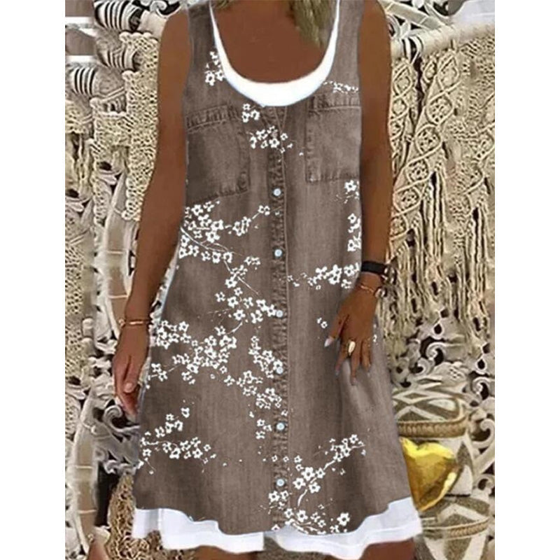 Robe courte Femme Effet Denim Sans Manches Boutonnée