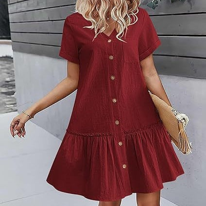 Robe courte Femme Coton Lin Boutons Ourlet Volanté
