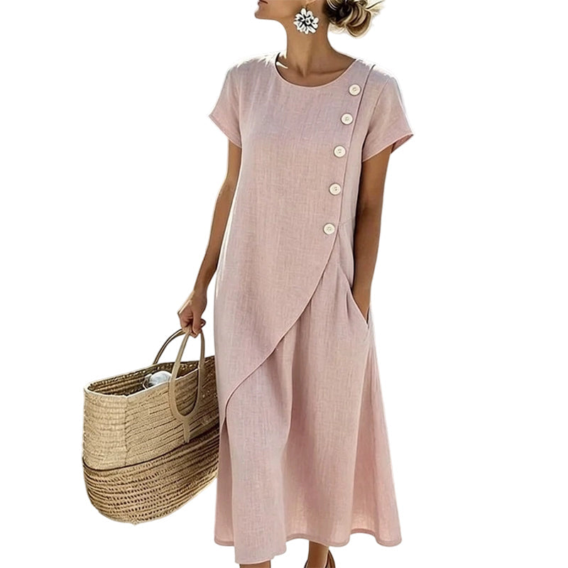 Robe midi Femme Coton Lin Boutons Asymétriques