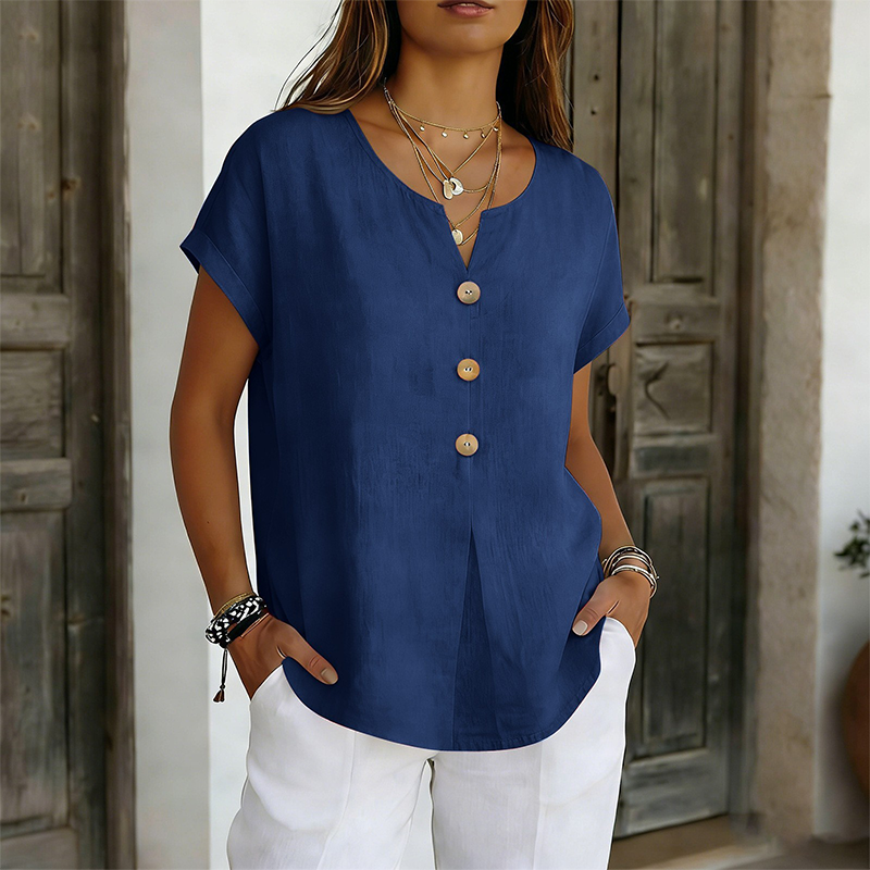 T-shirt Femme Coton Col en V Boutons Décoratifs