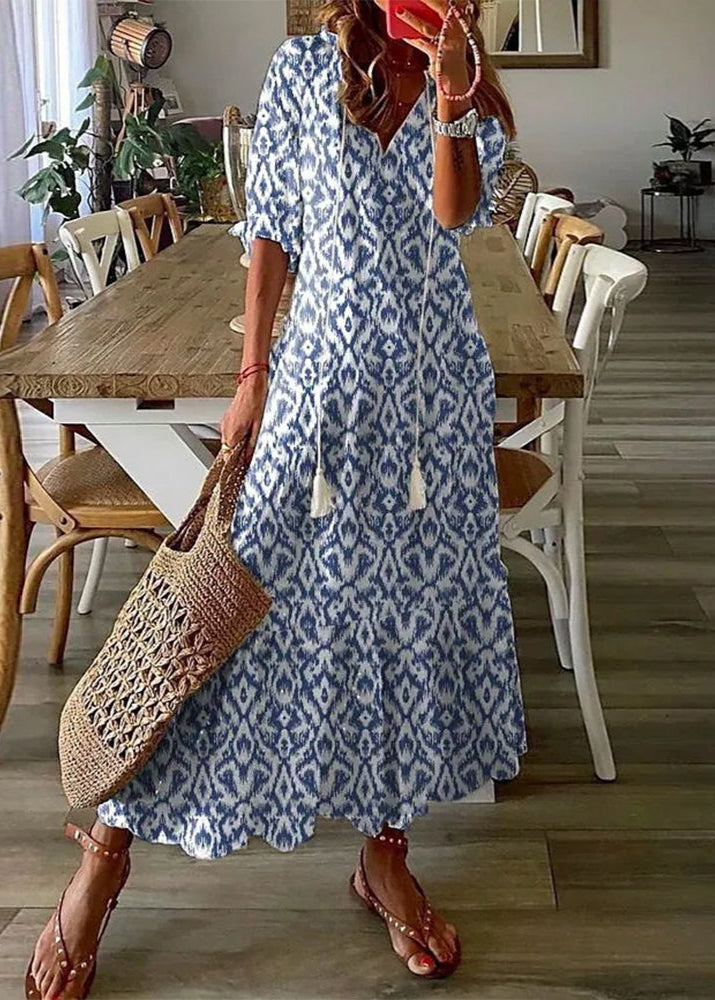Robe Été Florale Longue avec Ceinture et Manches Courtes