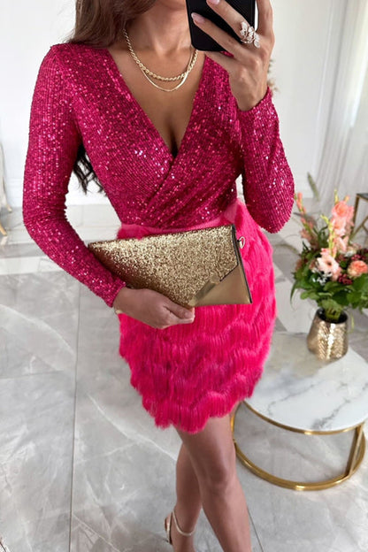 Robe Cocktail Femmes Élégante à Paillettes Noir