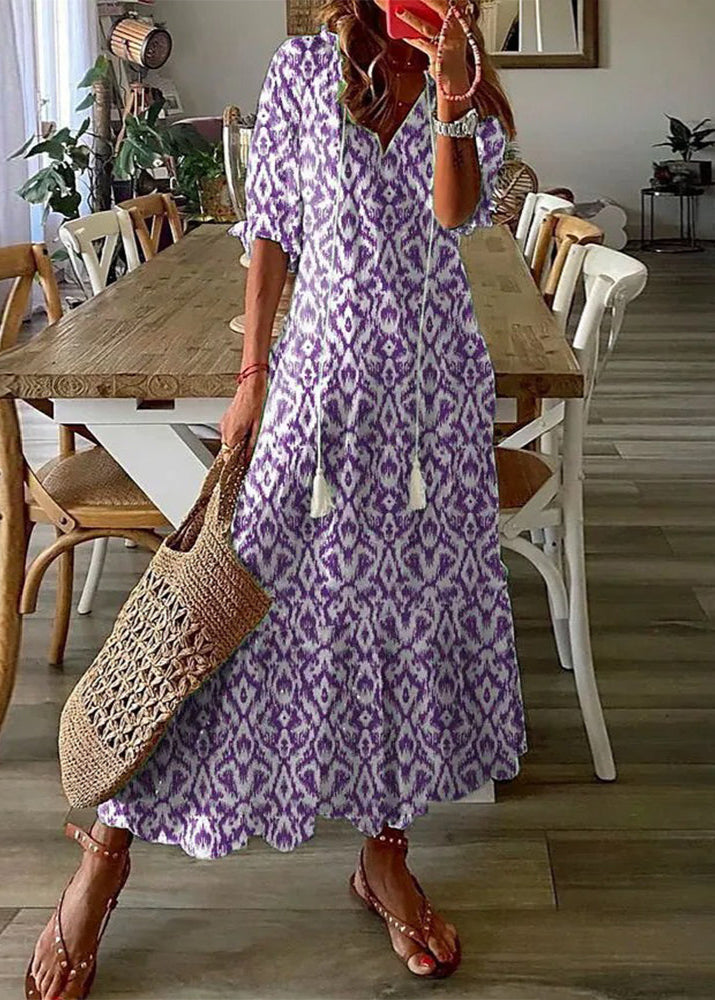 Robe Été Florale Longue avec Ceinture et Manches Courtes