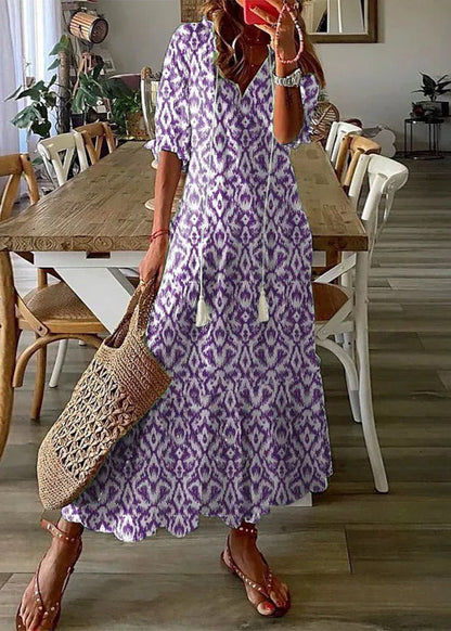 Robe Été Florale Longue avec Ceinture et Manches Courtes