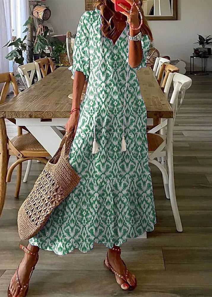 Robe Été Florale Longue avec Ceinture et Manches Courtes