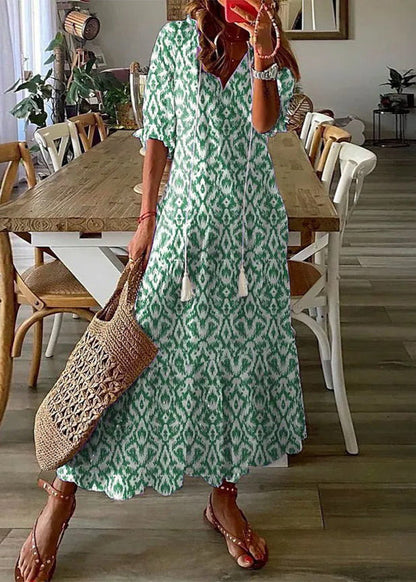 Robe Été Florale Longue avec Ceinture et Manches Courtes