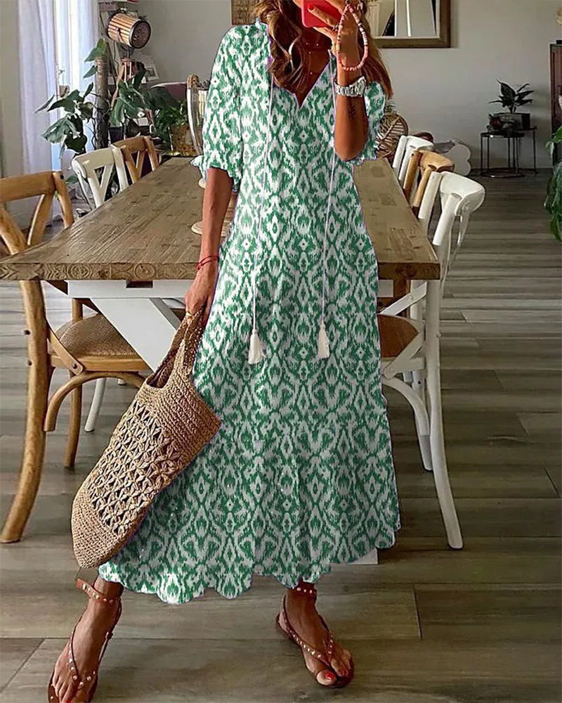 Robe Été Bohème en Coton avec Imprimé Fleuri et Col en V